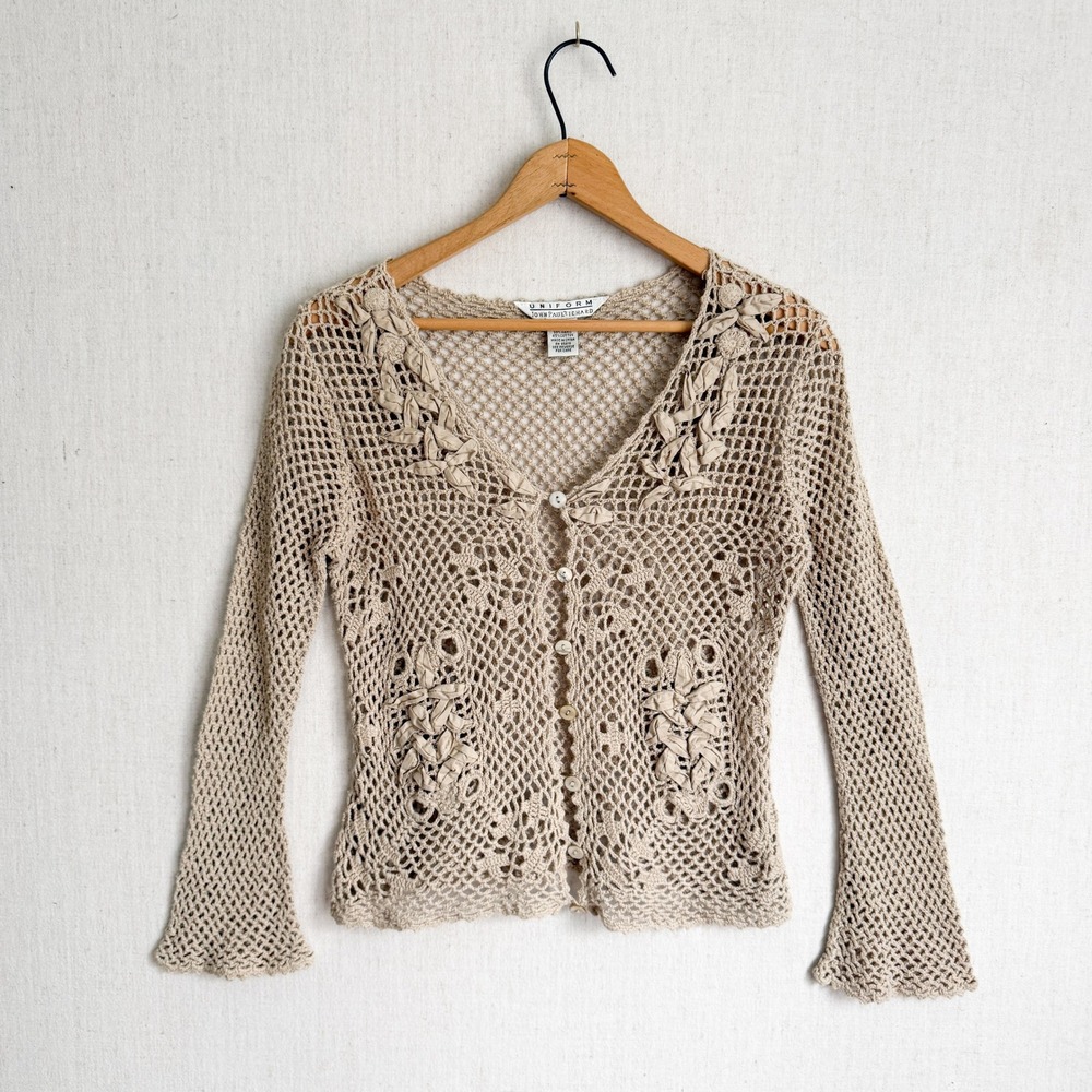 Uniform John Paul Richard Crochet Cardigan Boho Floral Applique S Beige Knit Top